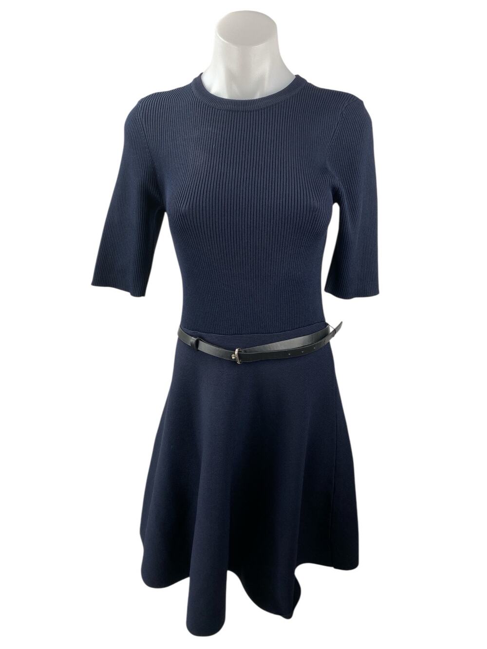 Karen Millen Navy Blue Ribbed Crew Neck Half Sleeve Belted Mini A-Line Dress M